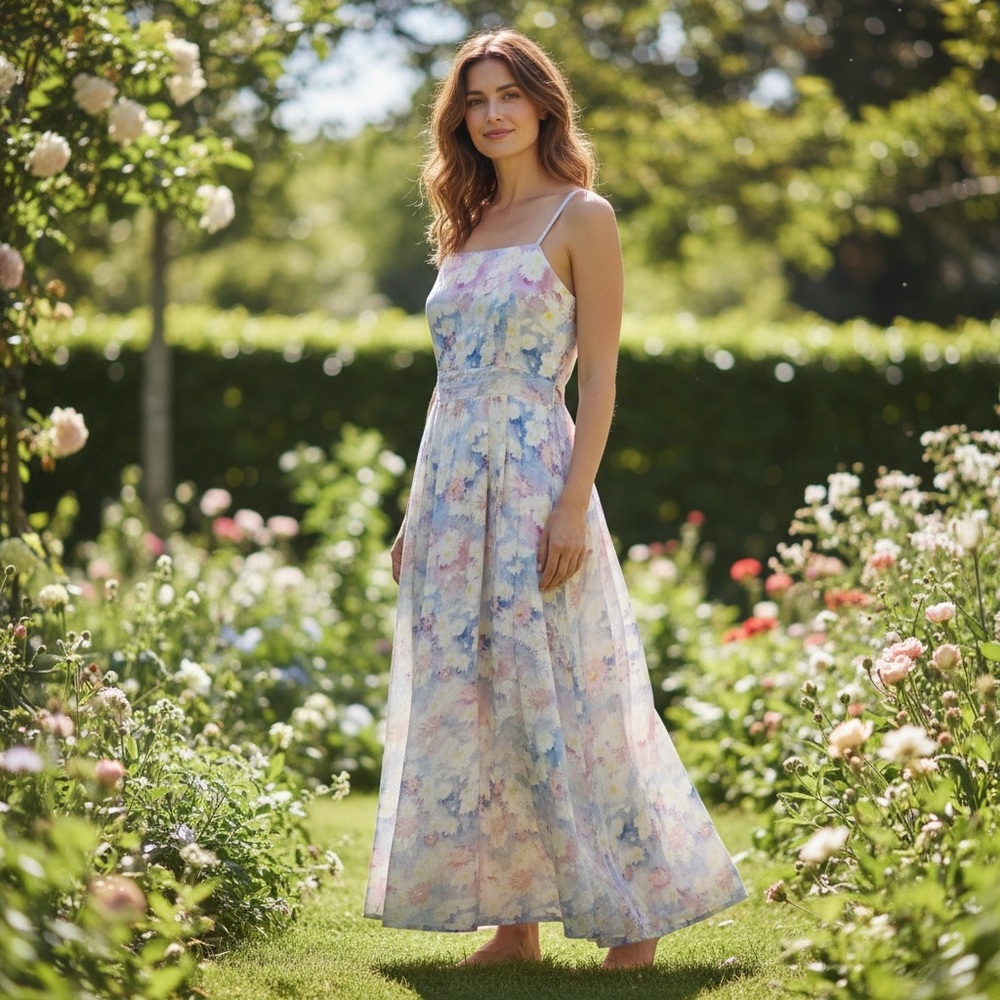 Cacharel Paris Pastel Floral Midi Dress Watercolor Cotton Sundress Size 6